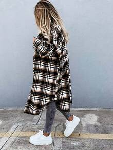 Women Plaid Shacket With Long Sleeves And Collar, Casual Midi Length Drop Shoulder Woven Fabric Coat For Layering In Fall - Black - View 2