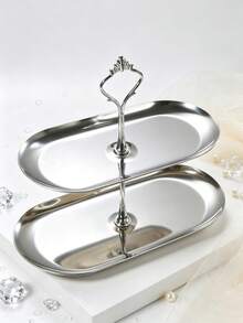 1pc Stainless Steel Oval Double Layer Cake Stand, Fruit Plate, Dessert Stand, Cake Stand, Oval Bread Plate, Cake Tower, Party Cupcake Display Tower, Dessert Display Stand, Suitable For Birthday, Party, Wedding, Afternoon Tea, Desktop Storage Rack, Multi-Layer Dessert Storage Rack, Gold And Silver Optional, Food Tray, Snack Tray, Cake Stand Tray - Silver - View 6