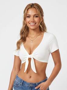 Women V Neck Crop Tops Solid Color Short Sleeve Slim Fit Tie Front T-Shirt - White - View 4