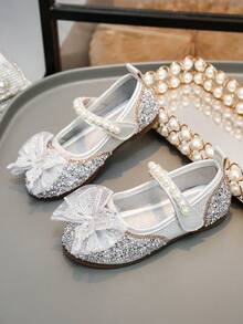 Sweet & Cute Pearl Design Princess Shoes For Little Girls, Bowknot Rhinestone Shoes, Spring/Summer Casual & Travel Kids Shoes - Silver - View 6