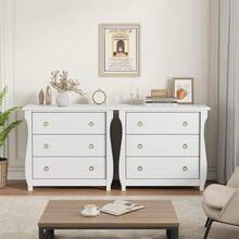 Cómoda de 3 Cajones Estilo Moderno – Gabinete de Madera Blanca con Detalles en Ratán y Tiradores Negros, Patas Curvas, Para Sala, Recámara o Entrada, Acabado Roble Natural​ - Blanco - Ver 5