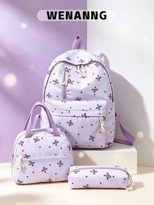 3-Piece Bow Print 3-In-1 Backpack Set, Multi-Pocket Large Capacity Nylon Daily Backpack, Matching Mini Handbag And Pencil Case, College Style School Bag, Girl College Student Textbook Bag, Lightweight Portable Backpack, Multiple Colors Available, Back To School Essential, Y2K Street Style Backpack, Versatile Shoulder Bag, Suitable For Campus, Daily Commute, Casual Outdoor And Student Daily Use - Multicolor - View 1