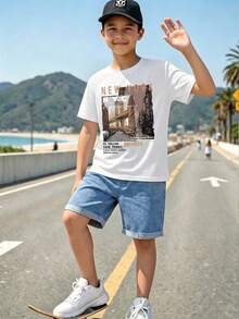Tween Boys Landscape Print Short Sleeve Top And Denim Shorts Set - White - View 2