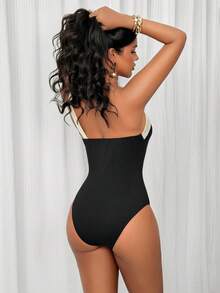 Women's Black Sleeveless One Shoulder Bodysuit In Ribbed Knitted Fabric, Featuring Contrast Collar, Backless Detail, And Bodycon Fit - Black - View 2