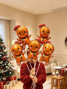 10pcs 16 Inch Mini Gingerbread Man Shaped Cartoon Christmas Party Decoration Foil Balloon Set (Without Stand And Ribbon) - View 1