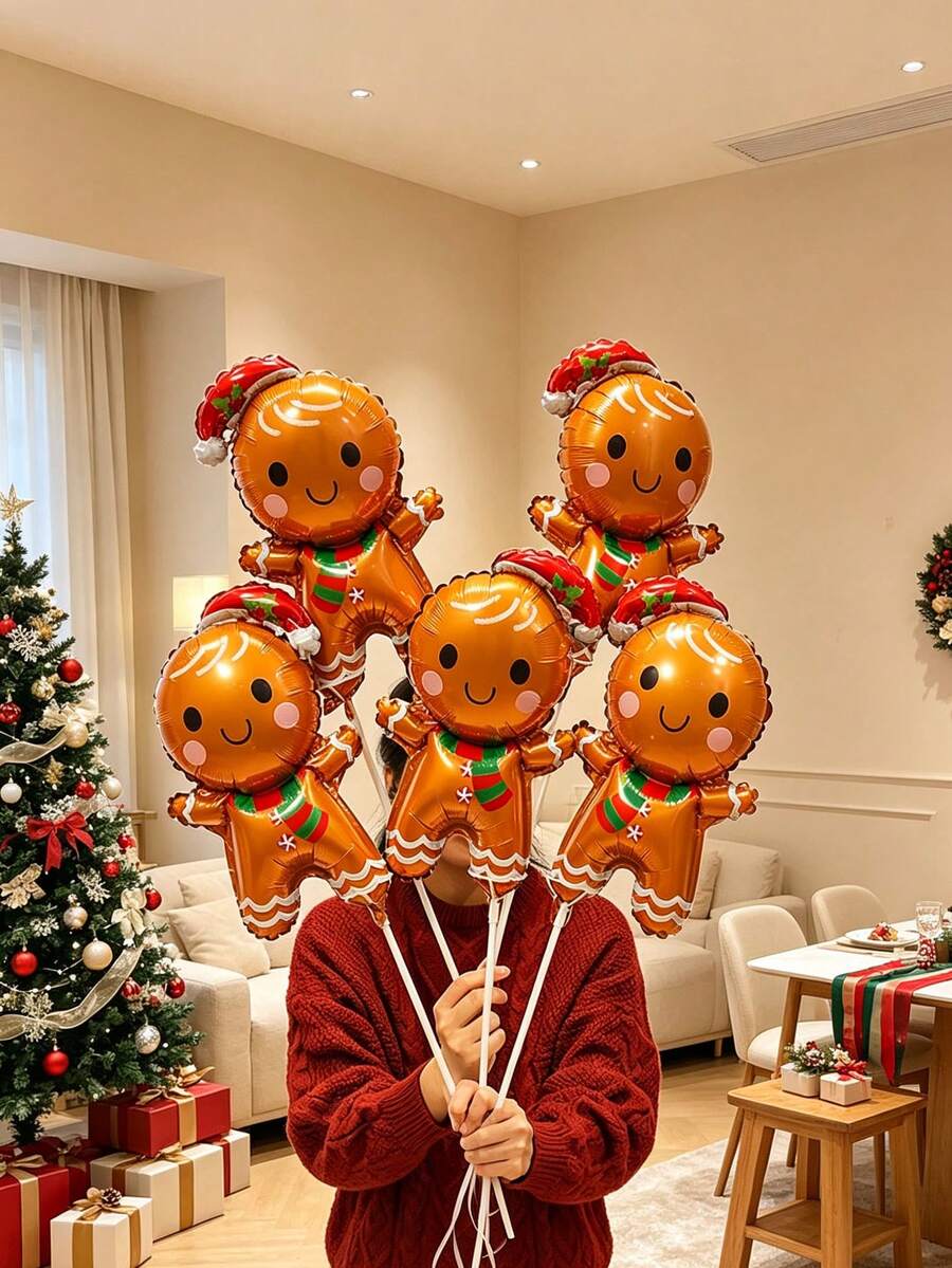10pcs 16 Inch Mini Gingerbread Man Shaped Cartoon Christmas Party Decoration Foil Balloon Set (Without Stand And Ribbon) - View 1