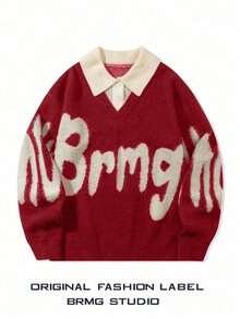 Spring/Autumn New Men's College Style Sporty Patchwork Turn-Down Collar Loose Unisex POLO Neck Pullover Sweater - Red - View 2