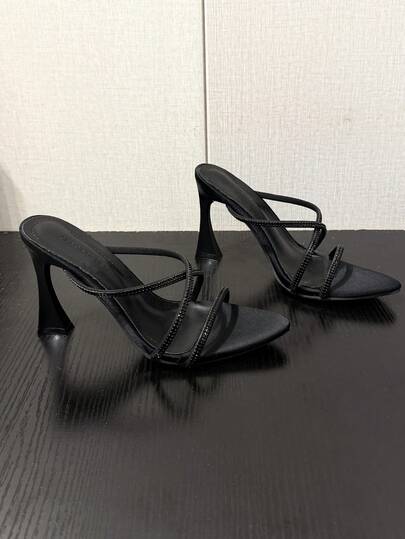 Sandalias de tacón alto con punta puntiaguda y strass negro, tiras finas con strass completo, tacón grueso asimétrico acampanado, zapatos mule elegantes para fiesta