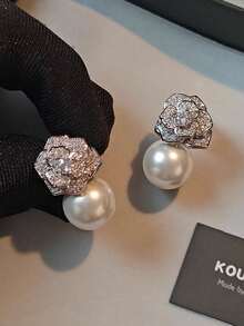 3 Pairs Elegant Luxurious Cubic Zirconia Bow Faux Pearl Earrings Set Suitable For Women Wedding Party Wear - Silver - View 5