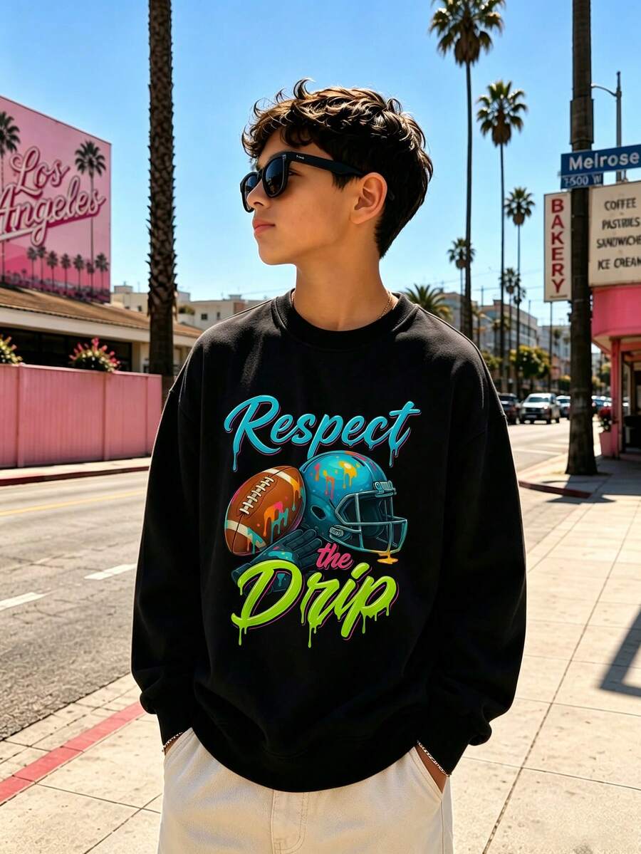 Boys Casual Minimalist Letter Baseball Print Sporty Crew Neck Long Sleeve Sweatshirt, Autumn/Winter Boys Clothing - Black - View 1