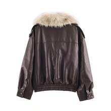 Women's Autumn New Retro Casual PU Leather Big Collar Motorcycle Jacket With Detachable Wool Collar - Brown - View 9