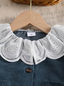 2pcs/Set Setelan Jaket dan Celana Lengan Panjang Kasual Warna Polos Kerah Peter Pan Bergaris untuk Balita Perempuan, Terbuat dari Kain Tenun Lembut dan Nyaman, Cocok untuk Pakaian Luar Ruangan, Musim Gugur/Musim Dingin - Dusty Blue - View 4