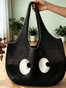 LFIRSTL Summer Beach Vacation Large Capacity Hollow Design Lightweight Portable Solid Color Knitted Tote Bag, Suitable For Beach Vacation Daily Commute Women's Shoulder Bag - Black - View 2