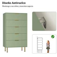 Amplio almacenamiento moderno - Cómoda alta de madera con 5 cajones acanalados, tiradores metálicos, ideal para dormitorio, sala de estar o entrada - Diseño elegante y funcional - Verde - Ver 5