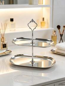 1pc Stainless Steel Oval Double Layer Cake Stand, Fruit Plate, Dessert Stand, Cake Stand, Oval Bread Plate, Cake Tower, Party Cupcake Display Tower, Dessert Display Stand, Suitable For Birthday, Party, Wedding, Afternoon Tea, Desktop Storage Rack, Multi-Layer Dessert Storage Rack, Gold And Silver Optional, Food Tray, Snack Tray, Cake Stand Tray - Silver - View 2