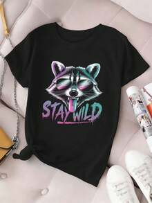 Women's "Graphic Raccoon Stay Wild" Premium Cotton Crew Neck Relaxed Fit T-Shirt With Unique Graphic Print - Black - View 2