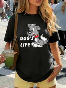 Women's T-Shirt With Cartoon Dog Print, Ideal For Autumn, Urban Hip-Hop Style, Breathable And With A Message. - Black - View 6