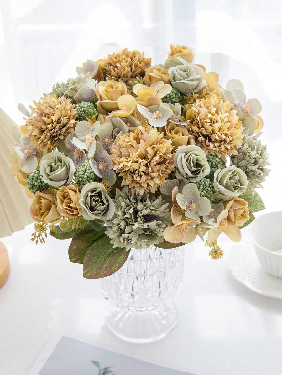 1PC Artificial Simulation Ball Chrysanthemum Rose Bouquet, With Realistic Texture, Suitable For Indoor/Outdoor Decoration, Home Decoration, Wedding Table Decoration, Proposal Window Display, Roadside Flower Decoration, And Autumn Decoration - Light Grey - View 1