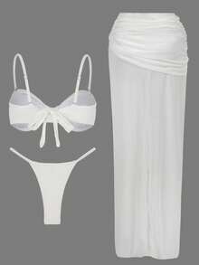 3 PiecesSwimsuit Bikini Set Solid Sexy Balconette Bikini Beach Half Skirt 2026 Women Summer Seaside Holiday Wear Bathing Suit Swimwear Vacation Outfit - White - View 6