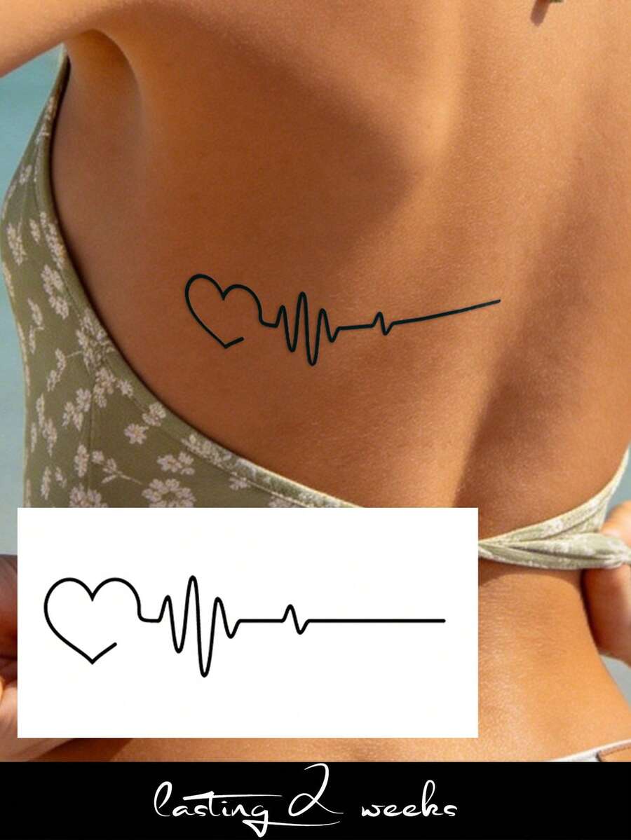 Herbal Juice Semi-Permanent Tattoo Sticker, Minimalist Heart & ECG Pattern, 14 Days Non-Fading, Music Festival Party Gift, Temporary Body Tattoo For Shoulder, Neck, Collarbone, Waist, Abdomen, Back, 1pc - Blue - View 1