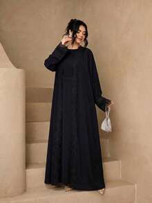 時尚百搭純色女款 4 件套優雅無袖長袍 + Abaya 開襟長袍 + 圍巾 + 蕾絲腰帶套裝，柔軟親膚防曬穆斯林服飾披肩 - 黑色 - 查看 3