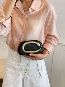 女款黑色人造皮革斜挎包，金色蛇形金屬裝飾貝殼手拿包，晚宴派對單肩包 - 黑色 - 查看 4