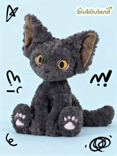 BIUBLIULAND Muñeco de peluche de gato Devon Rex gris oscuro de 11.8 pulgadas, suave y esponjoso con grandes ojos amarillos, muñeco de gatito de peluche, adecuado como regalo para niños y adultos