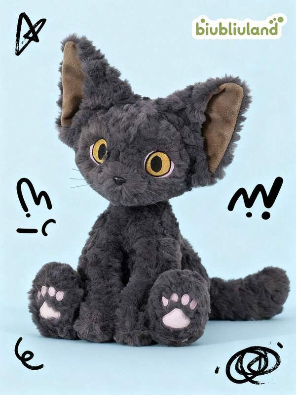 BIUBLIULAND Muñeco de peluche de gato Devon Rex gris oscuro de 11.8 pulgadas, suave y esponjoso con grandes ojos amarillos, muñeco de gatito de peluche, adecuado como regalo para niños y adultos