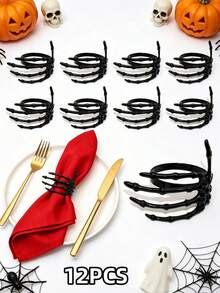 12pcs/6pcs/1pc Halloween Napkin Rings - Halloween Novelty Theme, Black Skeleton Hand, Ghost, Spider, Haunted House, Butterfly Creative Design Napkin Rings, Suitable For Halloween Party Table Decor - Easy To Clean Metal Texture, Halloween Decoration, Theme Event Accessories, Spooky Table Decor, Durable Napkin Holder - Multicolor - View 28