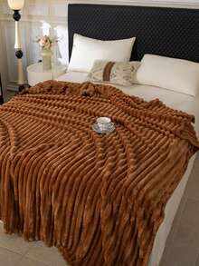 1pc Luxury Double-Sided Comfortable Striped Blanket, Soft & Warm, Suitable For Nap, Office, Camping, Sofa - Multi-Purpose Polyester Bed Sheet, Perfect Christmas Gift, Compressed Packaging, Lightweight & Elegant, Cloud-Like Touch - Mocha Brown - View 6