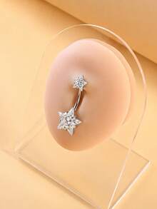 1pc Silver Double Star Belly Button Ring, Curved Bar Navel Ring, Summer Beach Crop Top Hot Girl Style Versatile Shiny Accessory - Silver - View 2