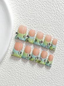 10件甜酷風手工穿戴甲，Polygel美甲套組，綠色與藍色指甲油，柔和法式風，含美甲工具，3種尺寸可選，杏仁、鴨嘴、棺材形，適合派對、跳舞、日常配戴 - 彩色 - 查看 2