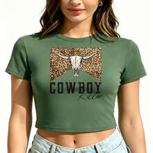 Printed Short Style T Shirt,Y2K Spring And Summer Short-Sleeved Tops,Women's,Spring,Women's Top,Green Top,Spring Clothing. - 橄欖綠 - 查看 2