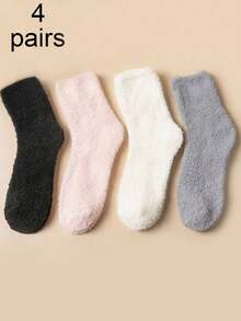 4 Pairs Women's Thick Fluffy Minimalist Fuzzy Mid-Calf Socks, Cute For Daily Wear, Suitable For Autumn/Winter And Back To School Season - Multicolor - View 11