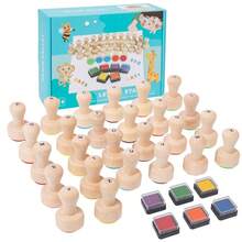 1 Set Wooden Letter Stamps Full Set 26 English Letters Hand Stamping 6-Color Ink Pad English Enlightenment Spelling Toy Children Early Education Painting Doodle Educational Set - 彩色 - 查看 6