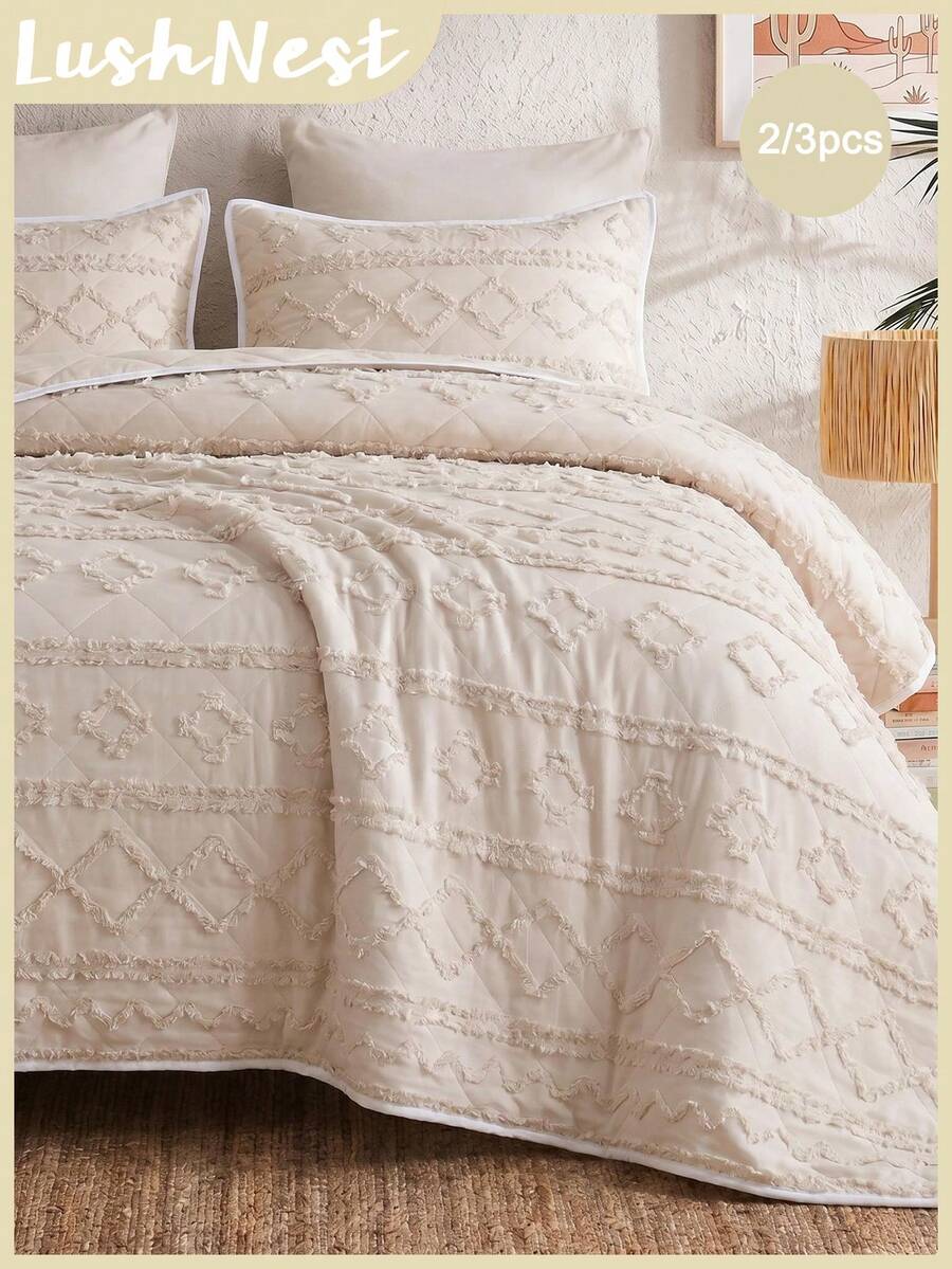 2/3pcs Geometric Striped Cut-Out Light Beige Bedspread Set (1 Bedspread + 1/2 Pillowcases), Simple Versatile Fresh Pastoral, Modern Daily Polyester, Soft And Skin-Friendly, Suitable For Master Bedroom, Guest Bedroom, Secondary Bedroom, All-Season Use - Beige - View 1