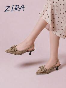 Zira Summer New Classic Floral Print Fabric Pointed Toe Back Strap Stiletto Heel Design, Suitable For Workplace Daily Wear. High-End Vintage Style Black High Heel Sandals, Khaki High Heel Sandals, Dark Brown High Heel Sandals - Khaki - View 2