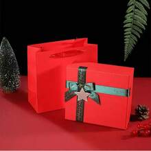 Christmas, New Year Holiday Multi-Piece Red Gift Boxes Set With Dark Green Ribbon Bows And Star Ornaments, Suitable For Indoor Living Room, Fireplace, Tabletop, Yard Gate, Christmas Tree And Other Holiday Decoration Gift Packaging - View 9
