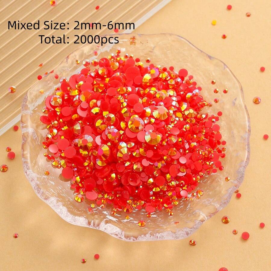 2MM-6MM 混合尺寸 2000顆/包 圓形平底樹脂水鑽 糖果果凍 AB色 亮面亮片 DIY 寶石鑽石 黏貼珠飾,適用於衣服、包包、鞋子、馬克杯、瓶子、保溫杯、手機、DIY配件 - 大紅43 - 查看 1