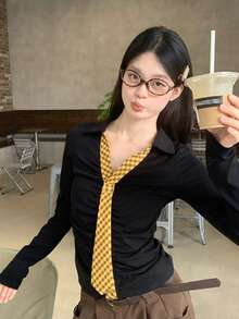 Kaos Lengan Panjang Hitam Wanita Gaya Korea Musim Gugur Slim Fit Atasan Dalaman Kasual - Hitam - View 3