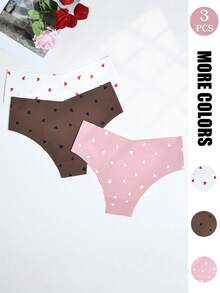 GYEY 3pcs Women's Heart Print Seamless Triangle Panties, One-Piece Laser Cut Invisible Romantic Girly Skin-Friendly Underwear - Multicolor - View 3