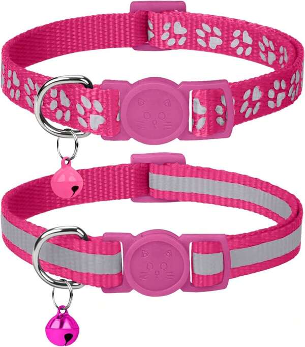 Taglory Reflective Cat Collar Breakaway With Bell, High Visibility Night Strip, Lightweight Adjustable Nylon Collar For Boy Girl Cats, 2 Pack, 7.5-12.5 Inch, Hotpink