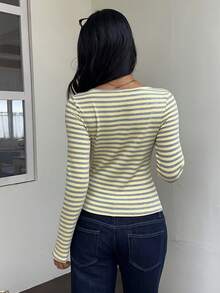 SCARLUX Women's Autumn Y2K Basic Yellow & Grey Striped Long Sleeve Top, U-Neck Button Fitted Cropped T-Shirt, Suitable For Back To School Daily Streetwear - Yellow - View 2