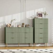 Amplio almacenamiento moderno - Cómoda alta de madera con 5 cajones acanalados, tiradores metálicos, ideal para dormitorio, sala de estar o entrada - Diseño elegante y funcional - Verde - Ver 3