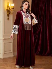 Elegant Velvet Islamic Kaftan Abaya Long Robe With Tassel Embroidery, Autumn/Winter Long Sleeve Modest Arabic Style Dress, Suitable For Weddings, Evening Parties, Ramadan - Burgundy - View 3