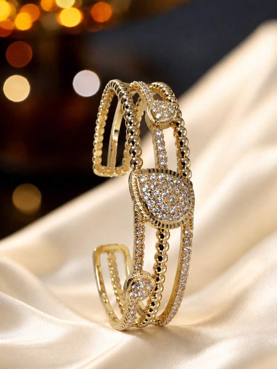 1pc Women's Fashion Elegant Luxury Multi-Layer Pearl Texture Open Bangle Bracelet With Water Drop Inlaid Decoration, Versatile Jewelry Accessory For Date, Evening Party And Commute - Bracelet - View 1