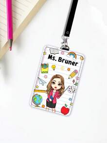 1pc Custom Cartoon Teacher Portrait Badge Holder Lanyard,Personalized Teacher Name Luggage Tag,Teacher Appreciation Gift,Back To School,ID Card Cover - Multicolor - View 6