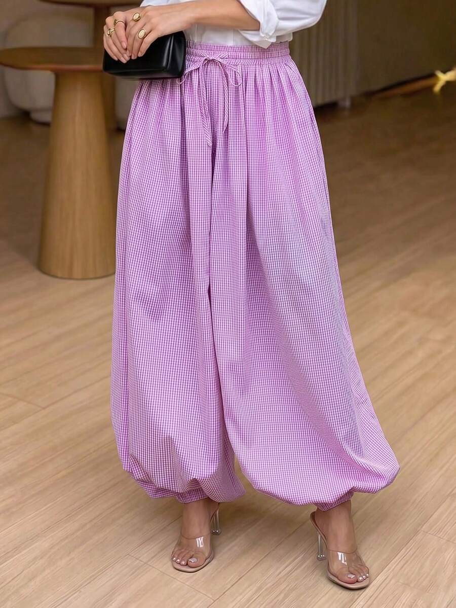 Women's Woven Fabric Plaid Parachute Pants, Drawstring Detail, Long Loose Fit Trousers, Fashionable Pants - Pink - View 1
