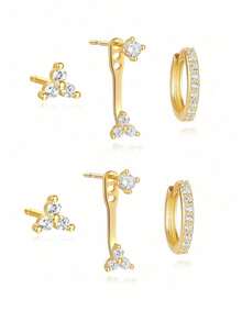 6/12pcs Exquisite Dazzling Earring Sets Earrings Stack Stack Golden Silvery Rhinestone Flower Hoop Cuff Stud Women Party Jewelry Gifts - Earring Set - View 3
