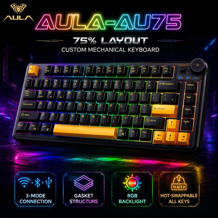AULA AU75 Customized Mechanical Keyboard, 81 Keys With Knob, Three-Mode Connection (Bluetooth/2.4G Wireless/Wired), RGB Backlight, Gasket Structure, Full Hot-Swappable, PBT Keycaps, 4000mAh Battery, Suitable For Gaming And Office - View 1